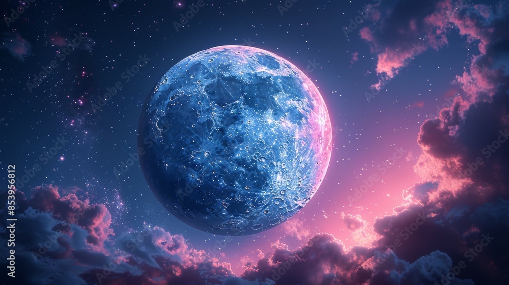 Fototapeta premium Blue Moon Rising Through Pink Clouds