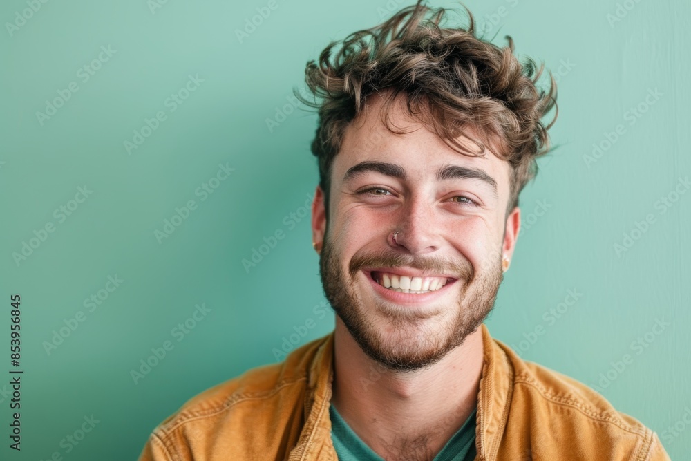 Portrait of a cheerful man in his 20s smiling at the camera isolated on pastel green background Portrait of a cheerful man in his 20s smiling at the camera isolated on pastel green background