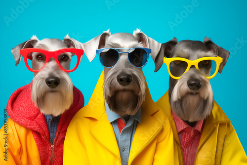 Creative animal concept. Gang family of Schnauzer dog puppy in vibrant bright fashionable outfits, commercial, editorial advertisement, surreal surrealism. Group shot
