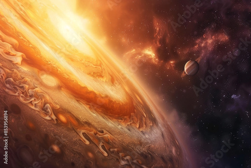 The image depicts a vibrant watercolor painting of Jupiter, the largest planet in our solar system.