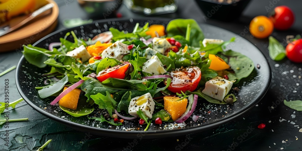 Fresh green salad with veggies cheese on black plate perfect for breakfast or dinner. Concept Food Photography, Healthy Eating, Vegetarian Recipes, Meal Presentation, Balanced Diet Fresh green salad with veggies cheese on black plate perfect for breakfast or dinner. Concept Food Photography, Healthy Eating, Vegetarian Recipes, Meal Presentation, Balanced Diet