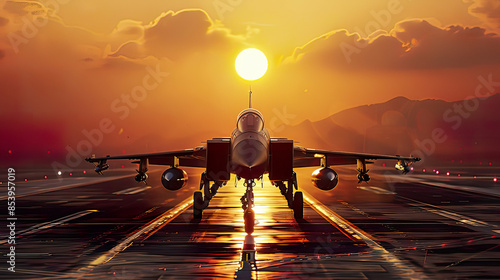 Photorealistic view: Falcon fighter jet on runway in airforce base standby for military mission at sunset detailed aircraft features . photo