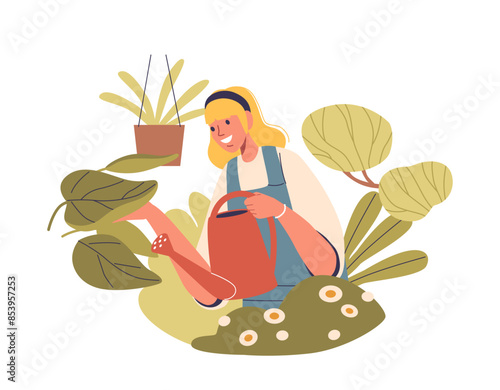 Woman Character With Blonde Hair, Wearing A Headband And Apron, Happily Watering Indoor Plants In A Cozy Country Setting