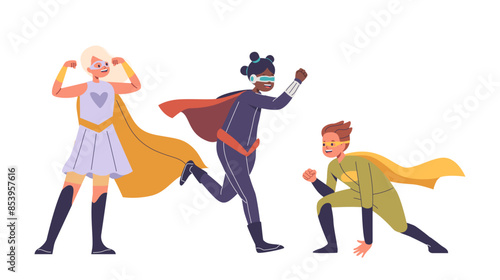 Three Children Wearing Superhero Costumes Showing Confident And Powerful Poses, Embodying The Spirit Of Heroism