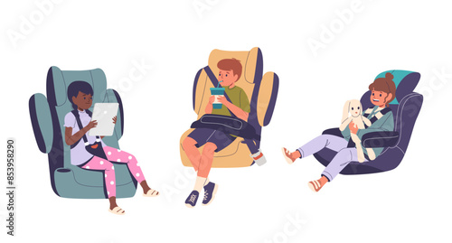Three Children Sitting In Car Seats. One Child Is Using Tablet, Another Is Reading A Book, And The Third Is Holding Toy