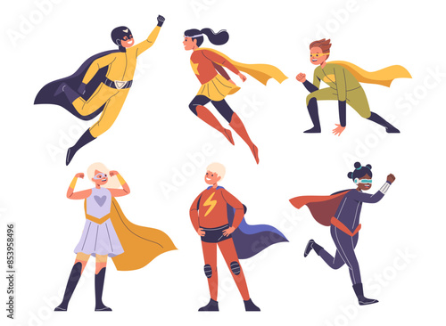 Group Of Energetic Superhero Kids Characters In Dynamic Poses Wearing Colorful Costumes And Capes, Vector Illustration