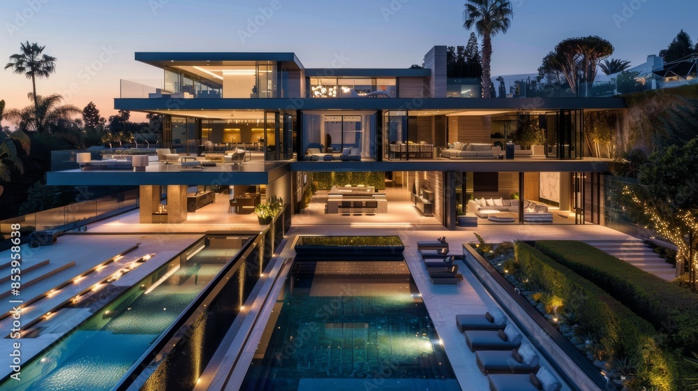 Fototapeta premium Modern Luxury Home with Infinity Pool and Evening Lights