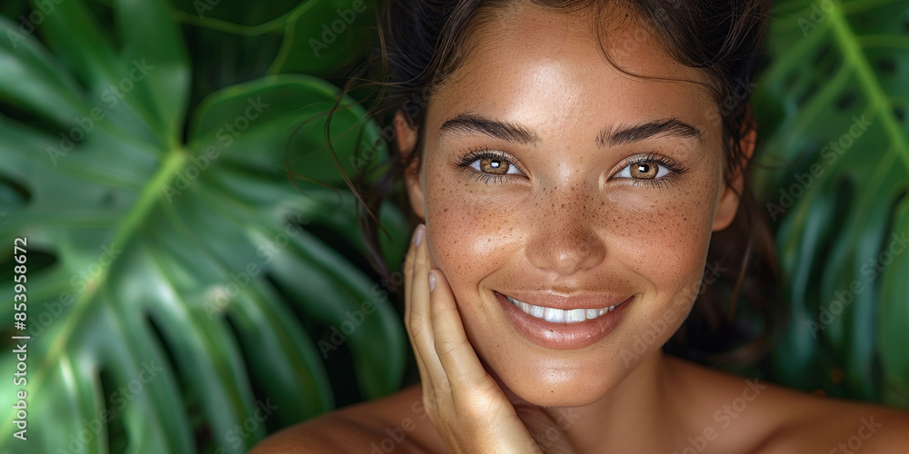 In a tropical setting, a charming woman enjoys a skincare therapy, applying a gorgeous face mask. In a tropical setting, a charming woman enjoys a skincare therapy, applying a gorgeous face mask.