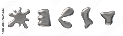 An aesthetic set of 3D vectors with shapes resembling liquid metal on a white background.