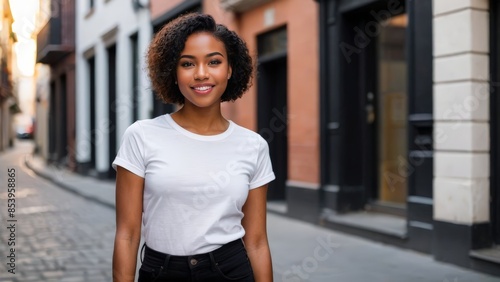 Young black woman with short hair wearing white t-shirt and black jeans standing in a city alley © QuoDesign