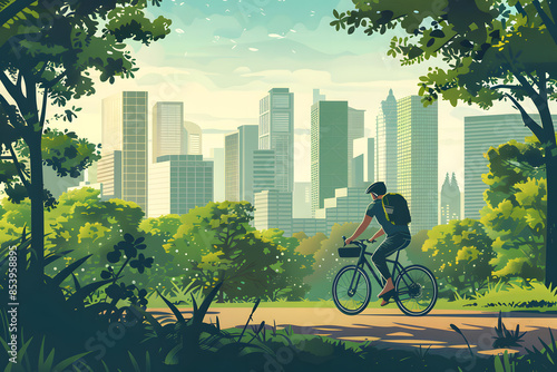 A detailed image of a cyclist riding through a city park, with skyscrapers in the background, promoting eco-friendly urban transportation