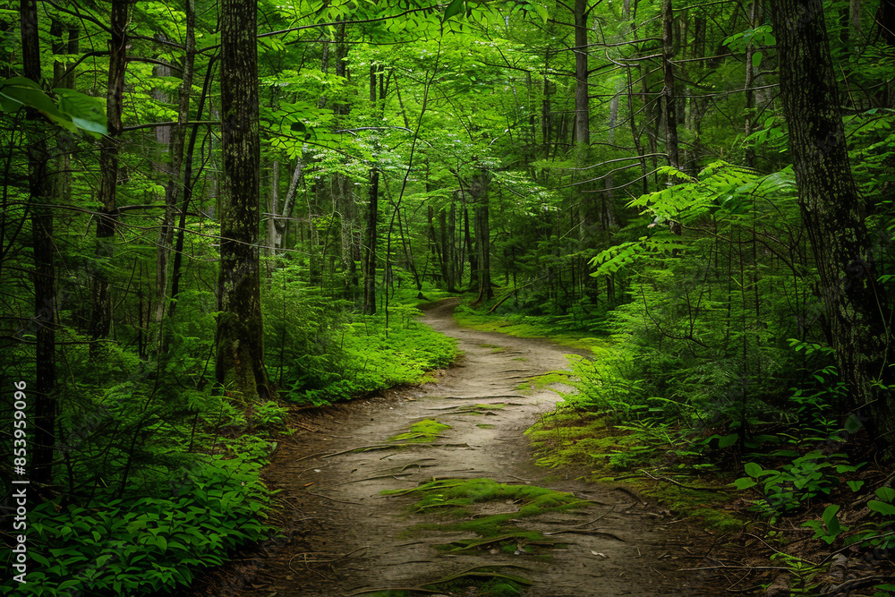 Calm Forest Landscape full of dense trees, plants and a natural path Calm Forest Landscape full of dense trees, plants and a natural path