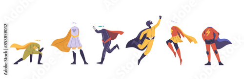 Children Dressed In Various Superhero Costumes, Performing Dynamic Superhero Poses. Vector Image Conveys Creativity