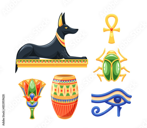 Isolated Set Of Ancient Egyptian Symbols. Anubis Statue, Ankh, Scarab Beetle, Egyptian Vase, Lotus Flower, Eye Of Horus