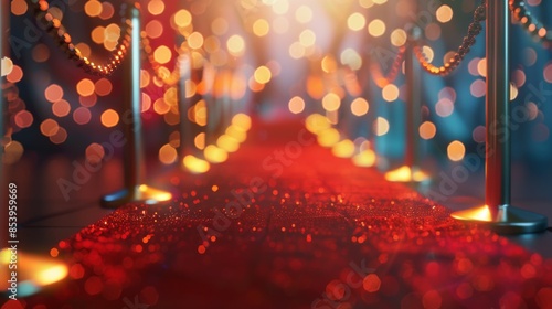 Red Carpet with Golden Stanchions and Bokeh Lights photo