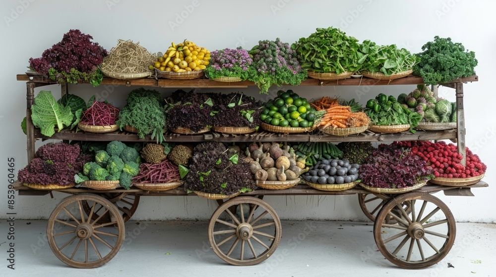 Fototapeta premium A Thai farmer using a wooden cart to transport harvested crops, the cart filled with fresh produce, isolated on a white background. 
