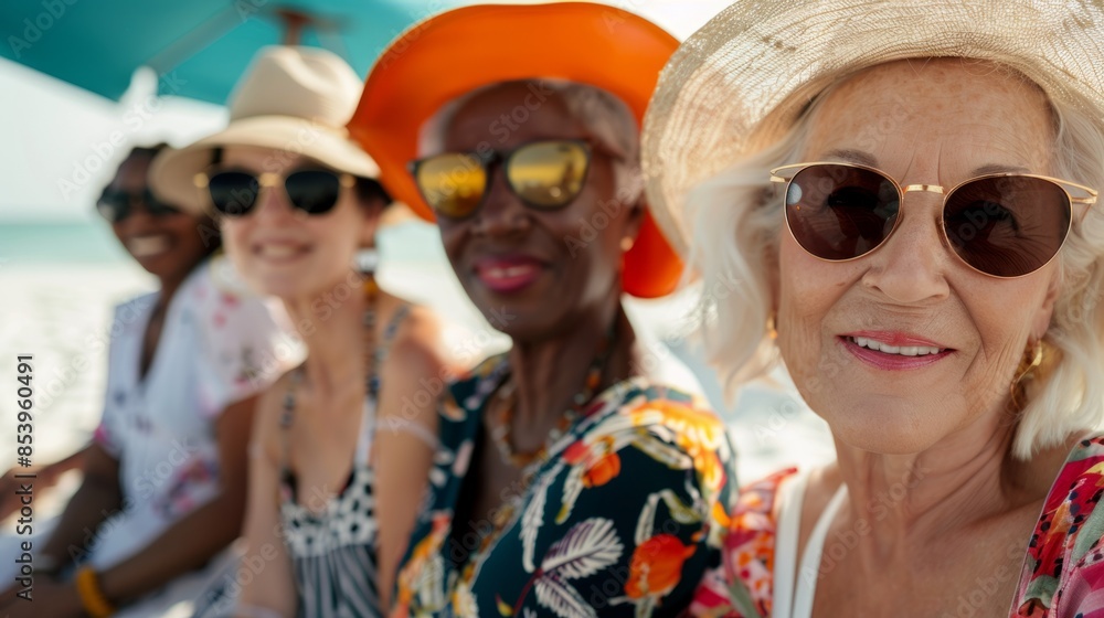 Multiethnic senior friends enjoying a day at the beach in summer Multiethnic senior friends enjoying a day at the beach in summer