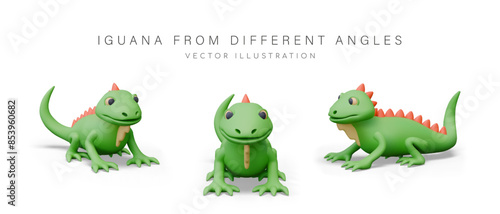 Realistic green iguana with tongue sticking out. Funny amphibian