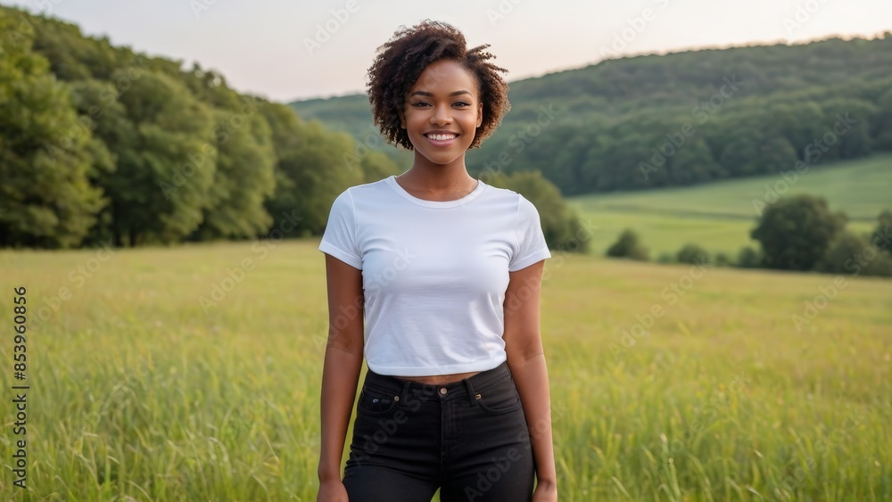 Young black woman with short hair wearing white t-shirt and black jeans standing in nature Young black woman with short hair wearing white t-shirt and black jeans standing in nature