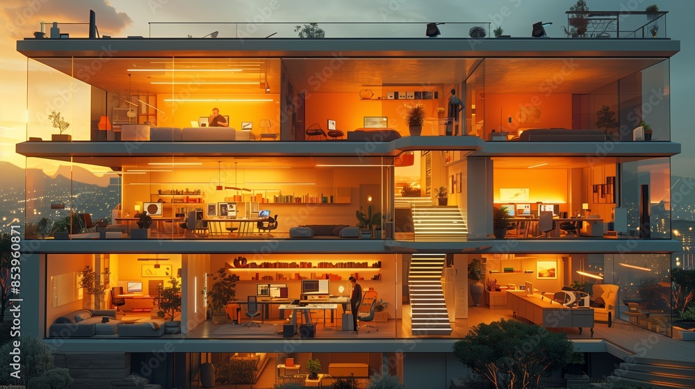 Modern Glass House Interior With Warm Lighting and City View at Sunset Modern Glass House Interior With Warm Lighting and City View at Sunset