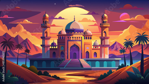 Mosque sunset islamic frame, Ramadan or islamic concept wallpaper