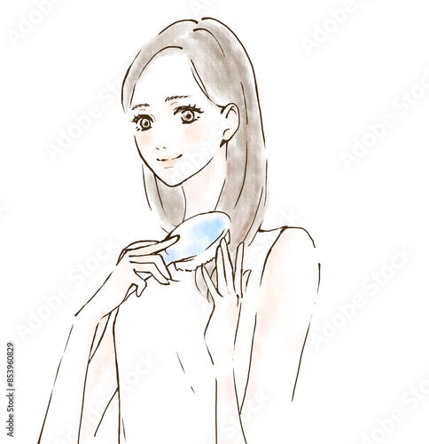 髪をくしでとかす女性　ヘアケアのイラスト