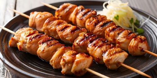 Traditional Japanese skewered chicken dish served in a fictional Japanese restaurant. Concept Fictional Restaurant, Japanese Cuisine, Skewered Chicken, Traditional Dish, Food Photography photo