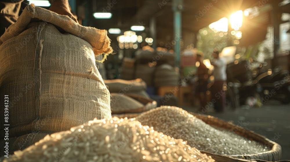 Checking quality of rice sack before delivery to customer Checking quality of rice sack before delivery to customer