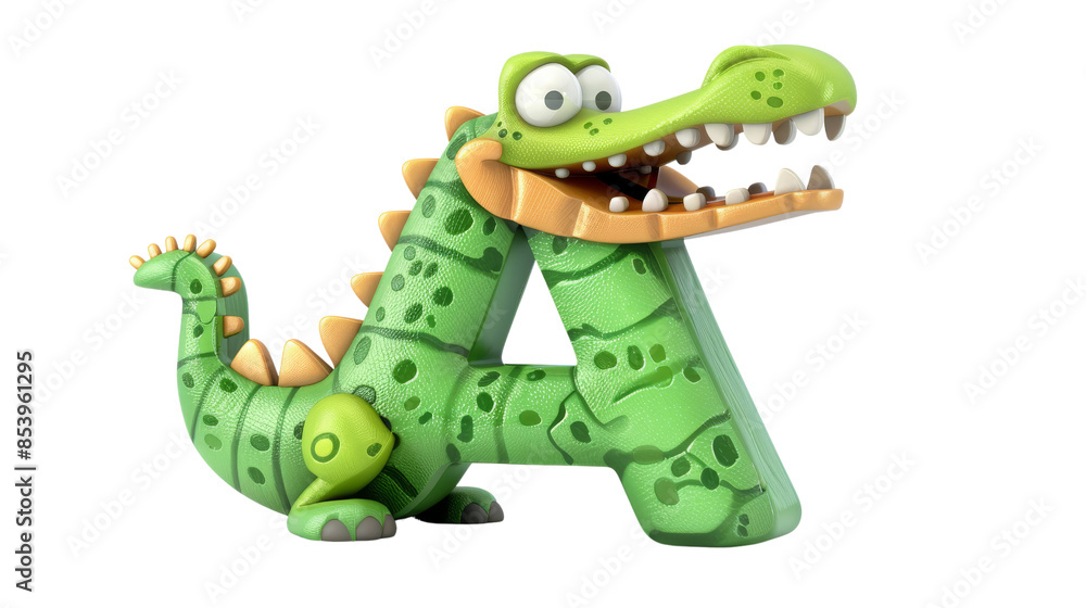 Obraz premium A fun 3D crocodile character standing beside a large green letter A on transparent background