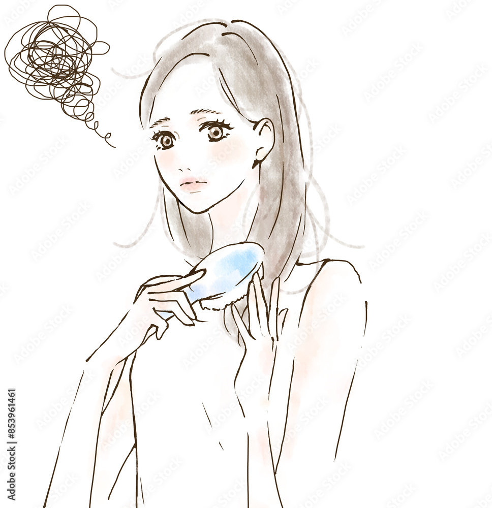 寝癖がついた髪をケアする女性のイラスト ストレス ダメージヘア