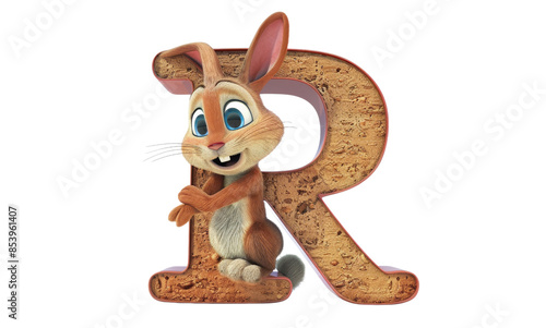 A cheerful rabbit character hugging a textured letter R, on a transparent background photo