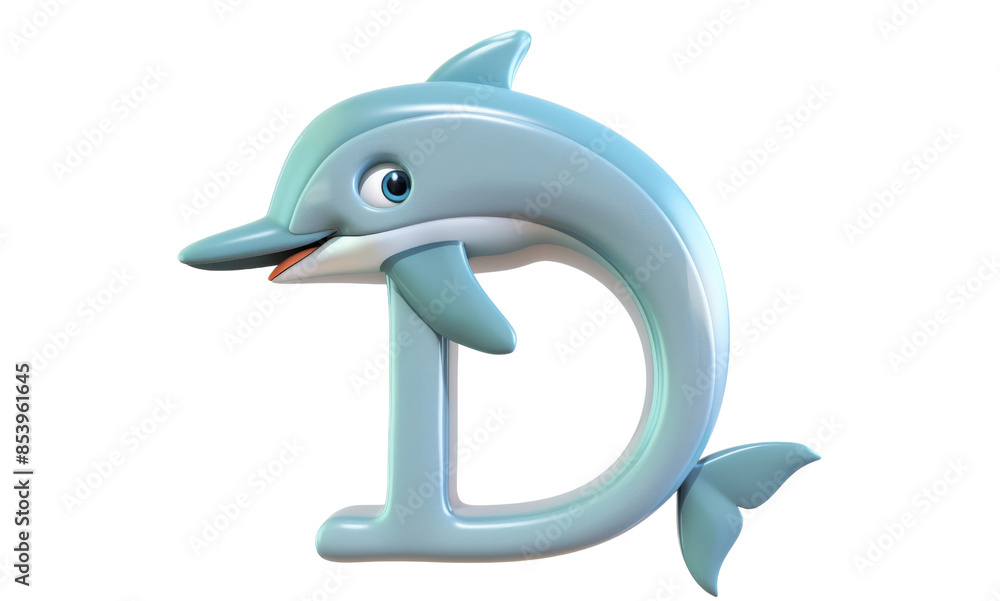 A happy dolphin character alongside a large letter D, on a transparent background A happy dolphin character alongside a large letter D, on a transparent background