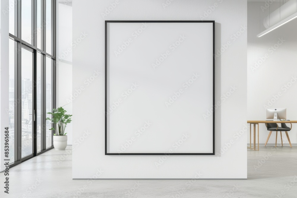 Modern office interior with large blank framed poster on white wall, minimalist design, natural light from large windows, office plant in corner. Modern office interior with large blank framed poster on white wall, minimalist design, natural light from large windows, office plant in corner.