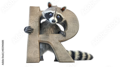 A playful 3D cartoon letter R featuring a curious raccoon character on a transparent background, ideal for educational and creative projects photo