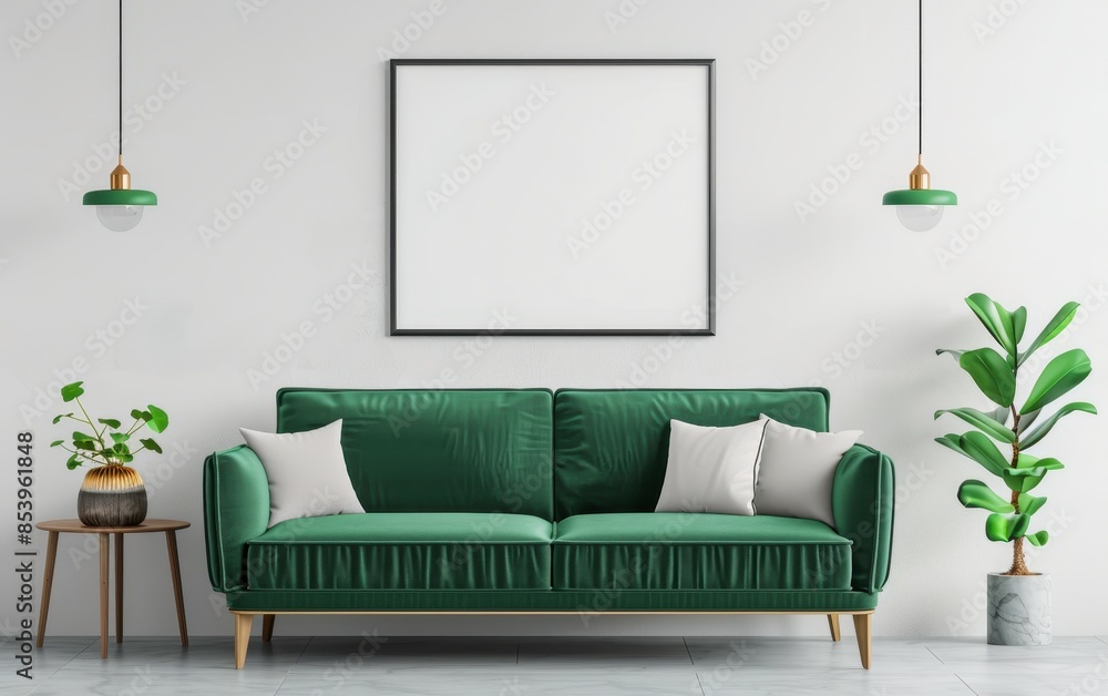 Stylish living room with green sofa, white pillows, indoor plants, pendant lights, and a blank picture frame on a white wall, modern interior design. Stylish living room with green sofa, white pillows, indoor plants, pendant lights, and a blank picture frame on a white wall, modern interior design.