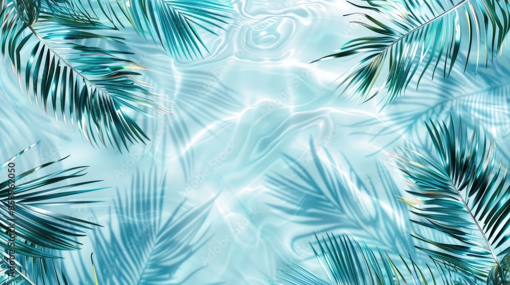 3D rendering of palm leaves shadow on the water surface in a swimming pool with a light blue background 3D rendering of palm leaves shadow on the water surface in a swimming pool with a light blue background