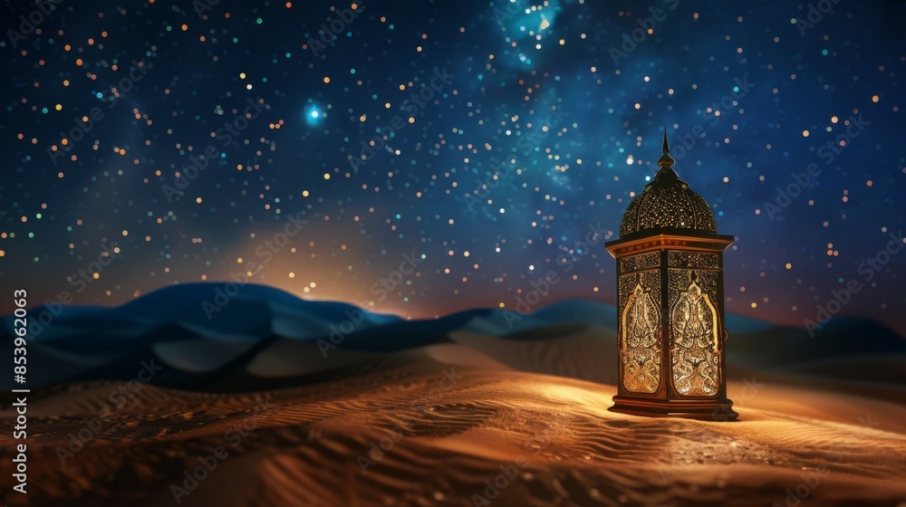 Ornate Lantern in the Desert Under a Starry Sky Ornate Lantern in the Desert Under a Starry Sky