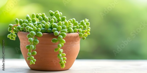 String of pearls succulent in terracotta pot home decor Africainspired indoor garden. Concept Terracotta Pot Decor, String of Pearls Succulent, African-Inspired Design, Indoor Garden Ideas photo