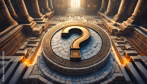 Question mark in the middle of a stone table. Concept for games, assessment, exam and quiz.