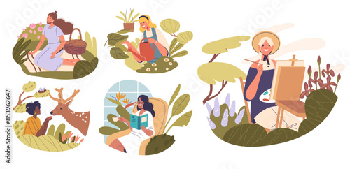Vector Set Of Women Enjoying Relaxed Country Life Engaging In Various Hobbies And Nature Activities, Gardening, Painting