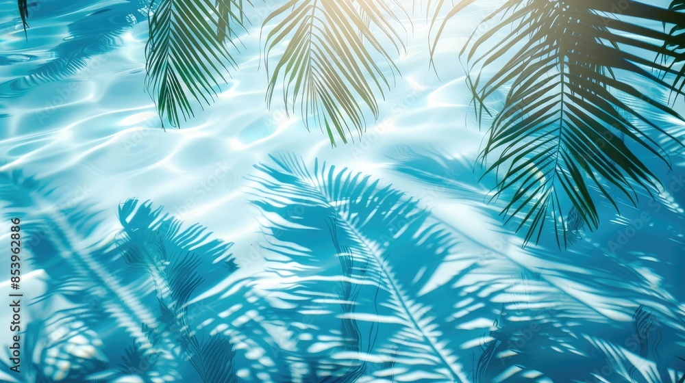 3D rendering of palm leaves shadow on the water surface in a swimming pool with a light blue background 3D rendering of palm leaves shadow on the water surface in a swimming pool with a light blue background