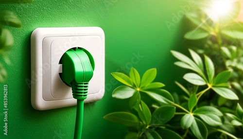 Extreme close-up of a white electrical outlet and green plug with electrical wire on a green wall with green lush foliage. Green energy and sustainable energy concept. Generative Ai. photo