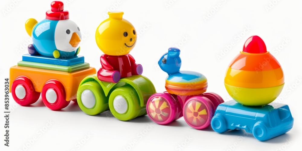 Obraz premium Set of 4 Colorful Classic Toddler or Baby Toys Cutout Isolated on White Background - AI Generated, Perfect for Children's Day Gifts, First Birthday Presents, New Year and National Holiday Gifts, Early
