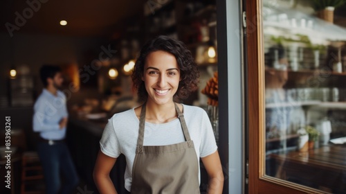 Portrait of a happy owner standing at the door of cefe shop, a cheerful adult waiter waiting for customers at a coffee shop, successful small business owner, professional, service photo