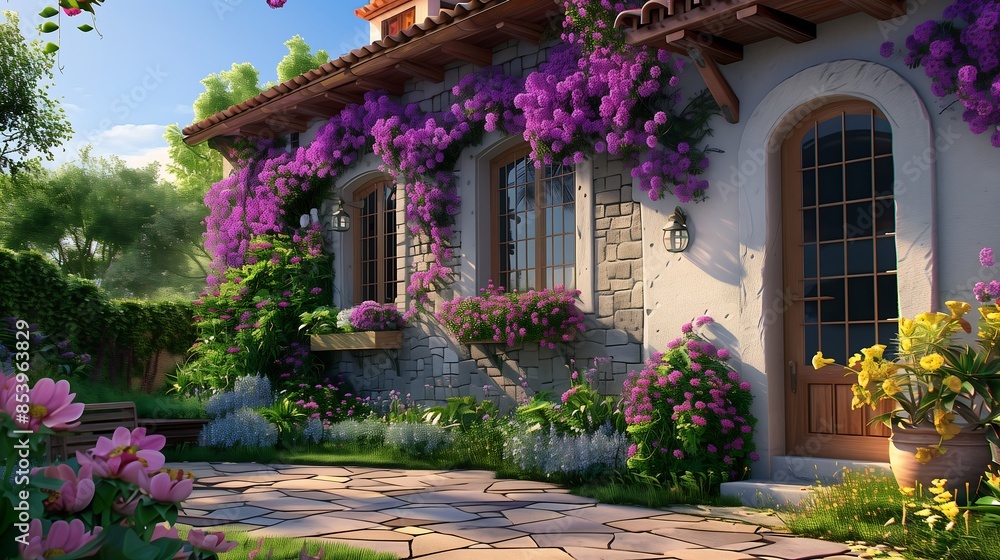 Fototapeta premium Beautiful mediterranean house surrounded by flowers