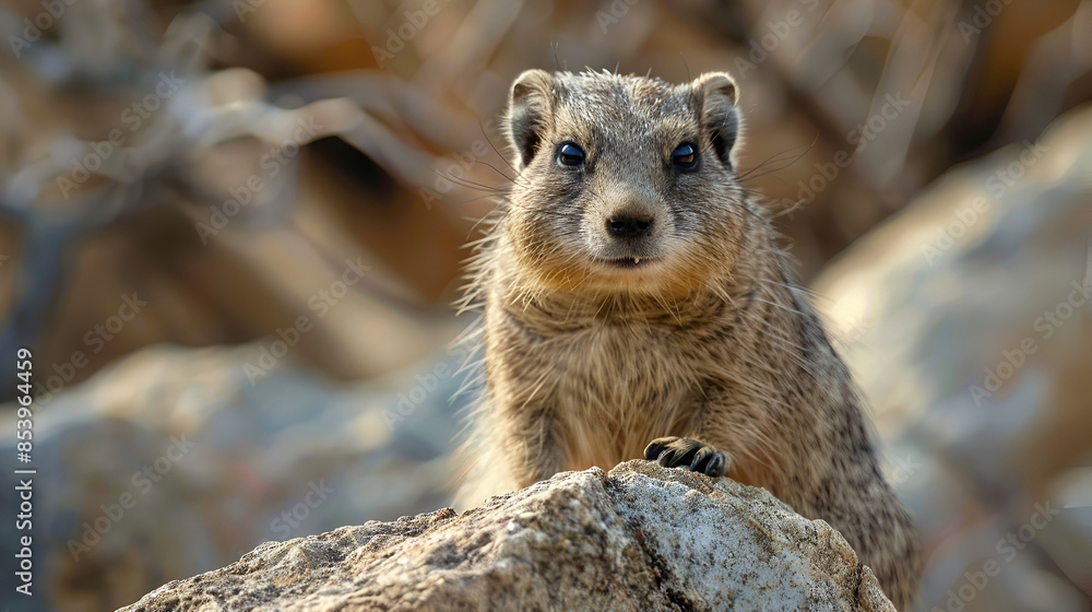 Fototapeta premium Close up of Dassie on the rocks in Hermanus, Common Rock Hyrax - Procavia capensis, small mammal from African hillls and mountains, Namibia 