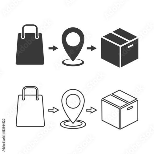 Click and collect order, line icon, delivery truck, delivery services steps, receive order in pick up point, e-commerce business concept, vector illustration