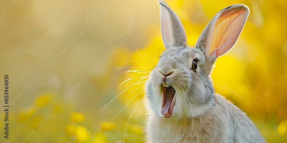 Fototapeta premium Excited rabbit with long ears and open mouth against bright background. Concept Rabbit, Excited, Long Ears, Bright Background, Open Mouth