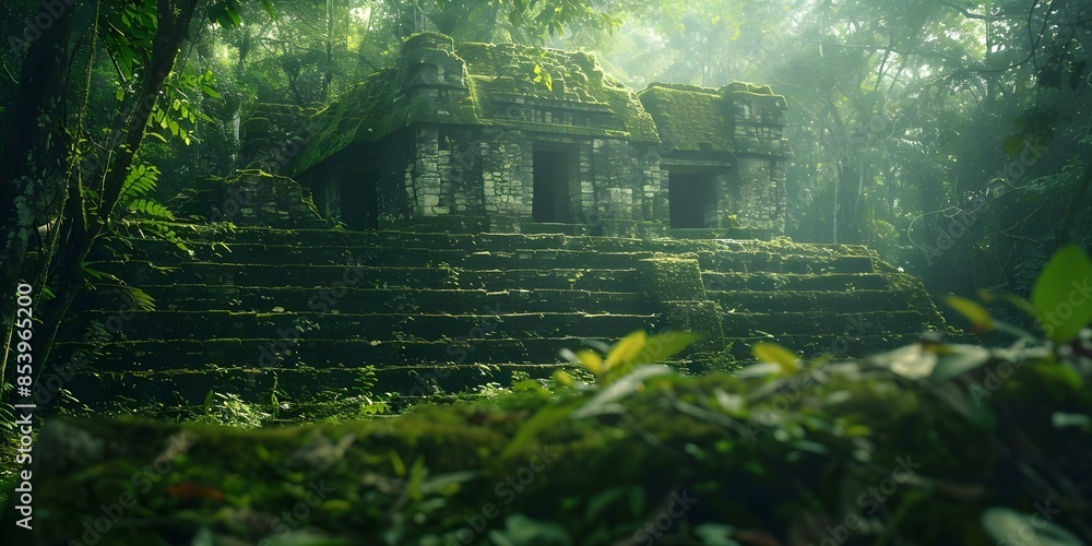 Overgrown Mayan temple ruins in jungle lost in the Amazon rainforest. Concept Adventure, Exploration, Lost Civilization, Ancient History, Jungle Trekking Overgrown Mayan temple ruins in jungle lost in the Amazon rainforest. Concept Adventure, Exploration, Lost Civilization, Ancient History, Jungle Trekking