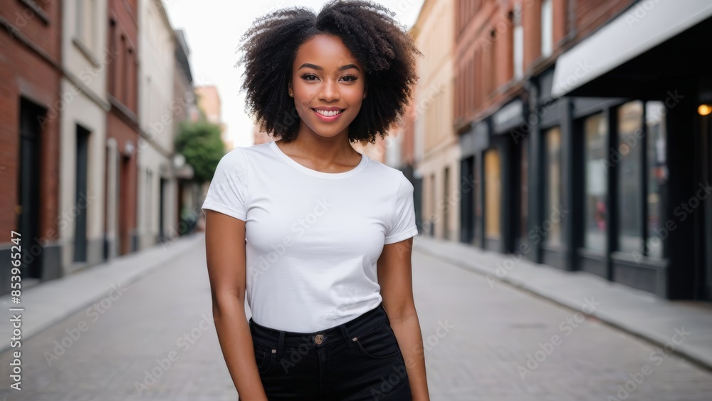Young black woman with short hair wearing white t-shirt and black jeans standing on the street Young black woman with short hair wearing white t-shirt and black jeans standing on the street